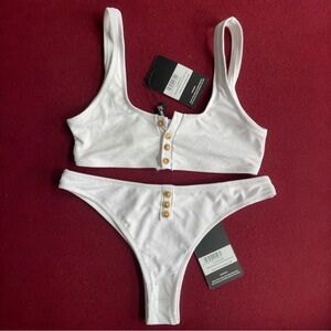 NWT PrettyLittleThing White Ribbed Button Bikini Set - Top SZ 8 & Bottom SZ 10